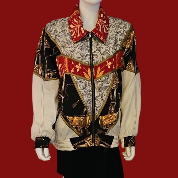 VTG GIACCA 1980s Floral Chain Swishy Oversized Track Zipper Jacket - Picture 1 of 12